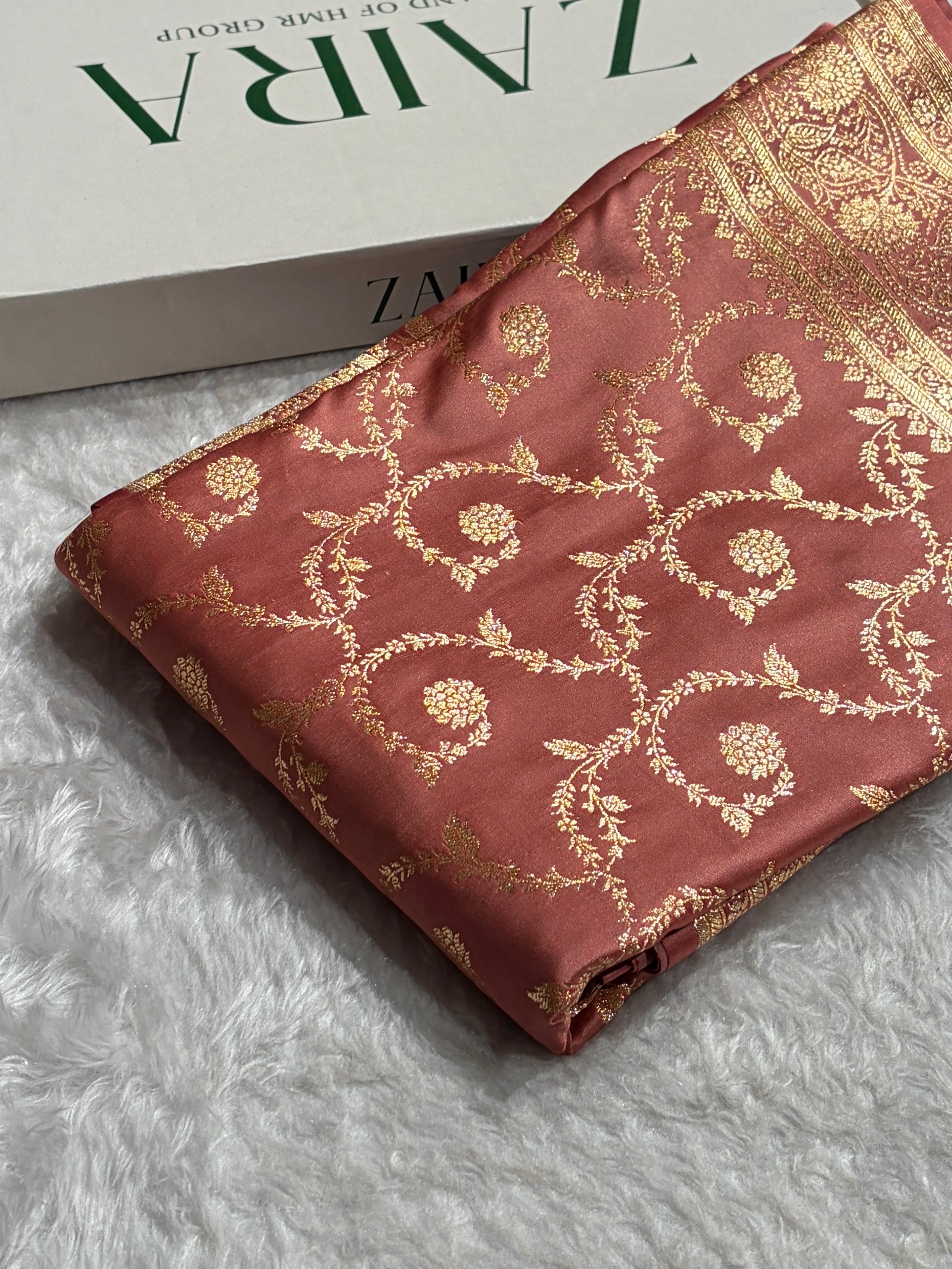 Dusty Peach Shades Floral Jaal Pattern Satin Katan Silk saree SK55