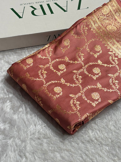 Dusty Peach Shades Floral Jaal Pattern Satin Katan Silk saree SK55