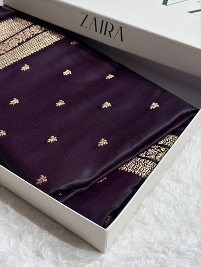 Banarasi Satin Katan Saree With Booti Pattern in Dark Wine Shades SK125