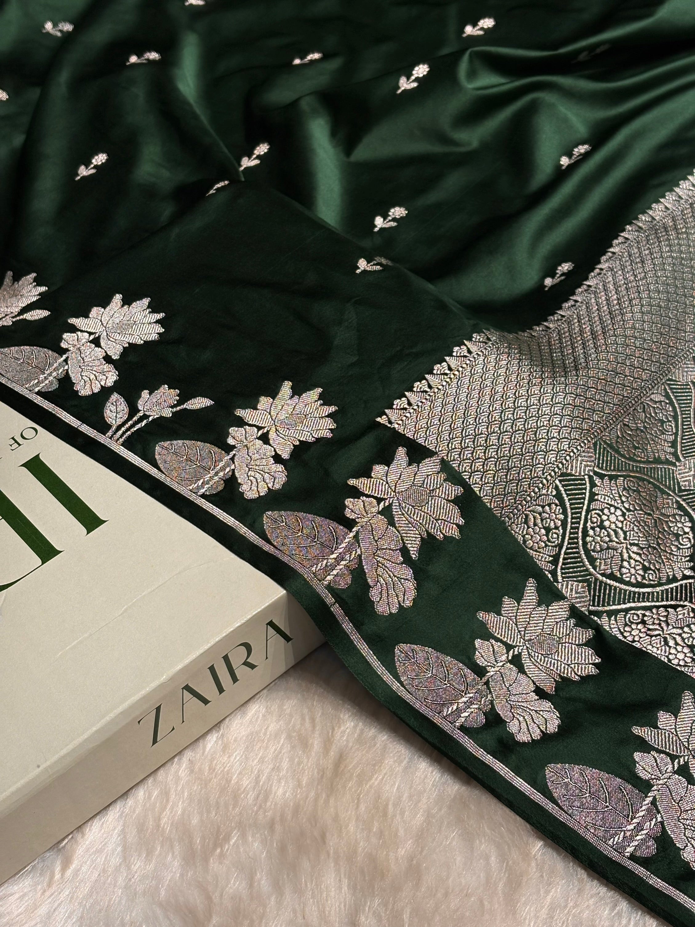 Dark Bottle Green Booti Motif Mashru Silk Saree