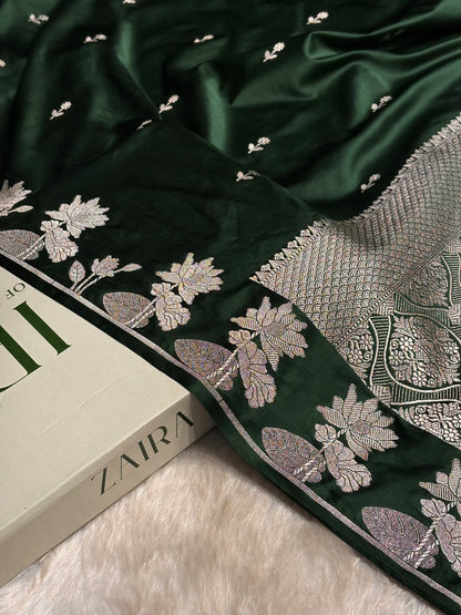 Dark Bottle Green Booti Motif Mashru Silk Saree
