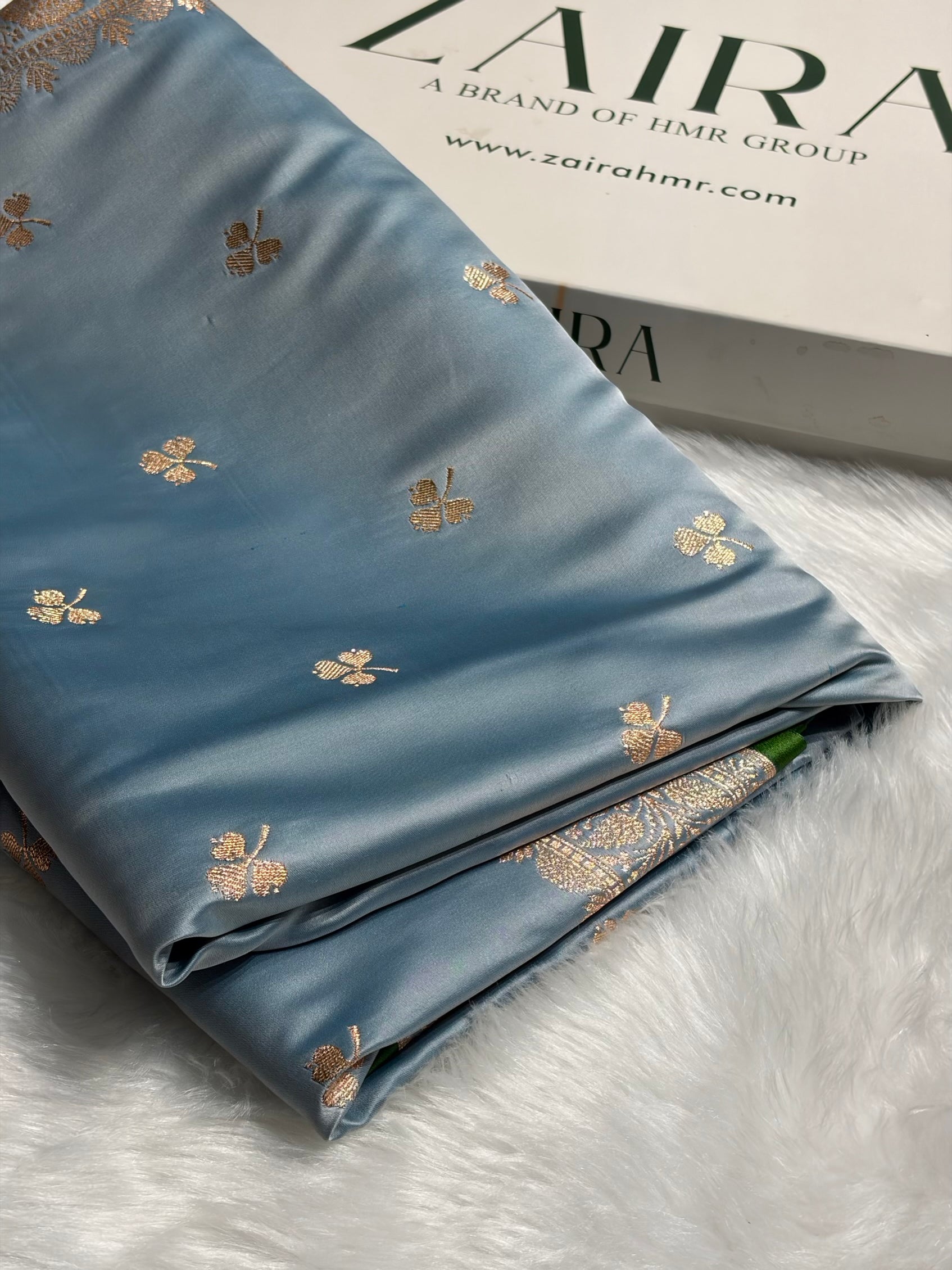 Banarasi Pastel German Blue Shades Booti Satin  Katan Silk Saree SK09