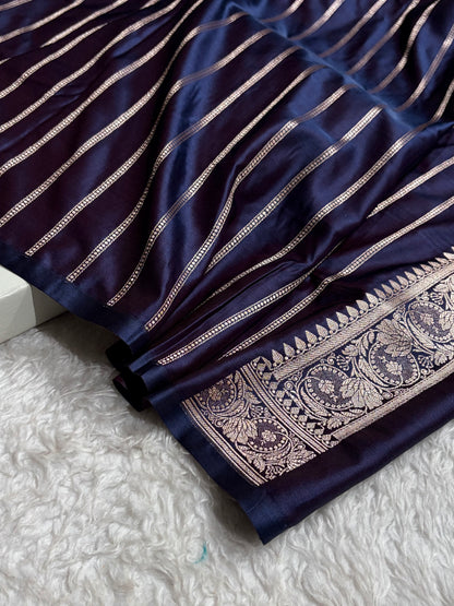 Cross Navy Boota With Floral Border Mashru Silk Saree MSM-97