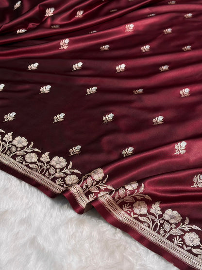 Garnet Boota With Floral Border Mashru Silk Saree MSM-85