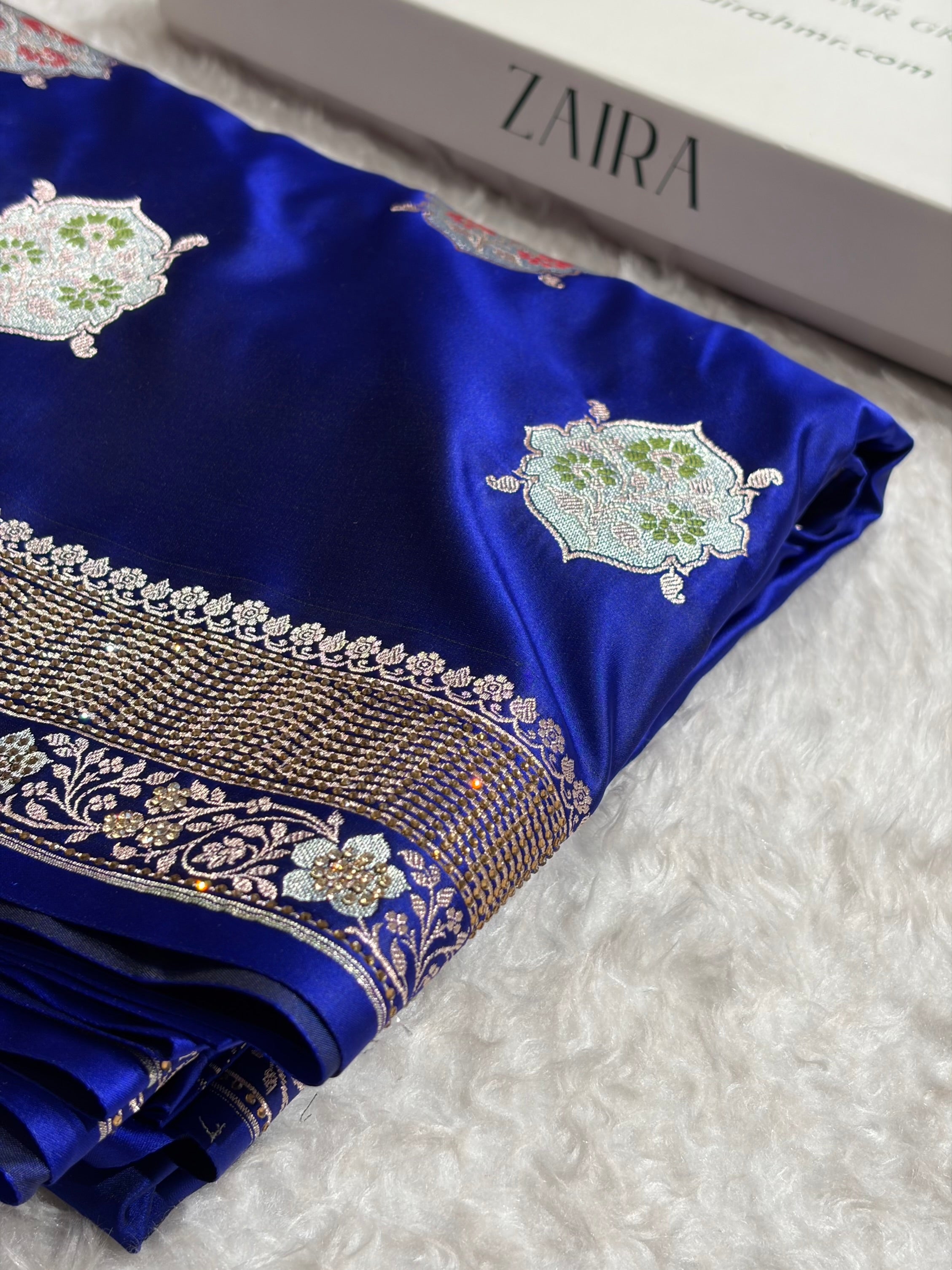 Premium Banarasi Satin Katan Saree Swarovski Work Minakari Booti Pattern in Royal Blue Shades BSK04