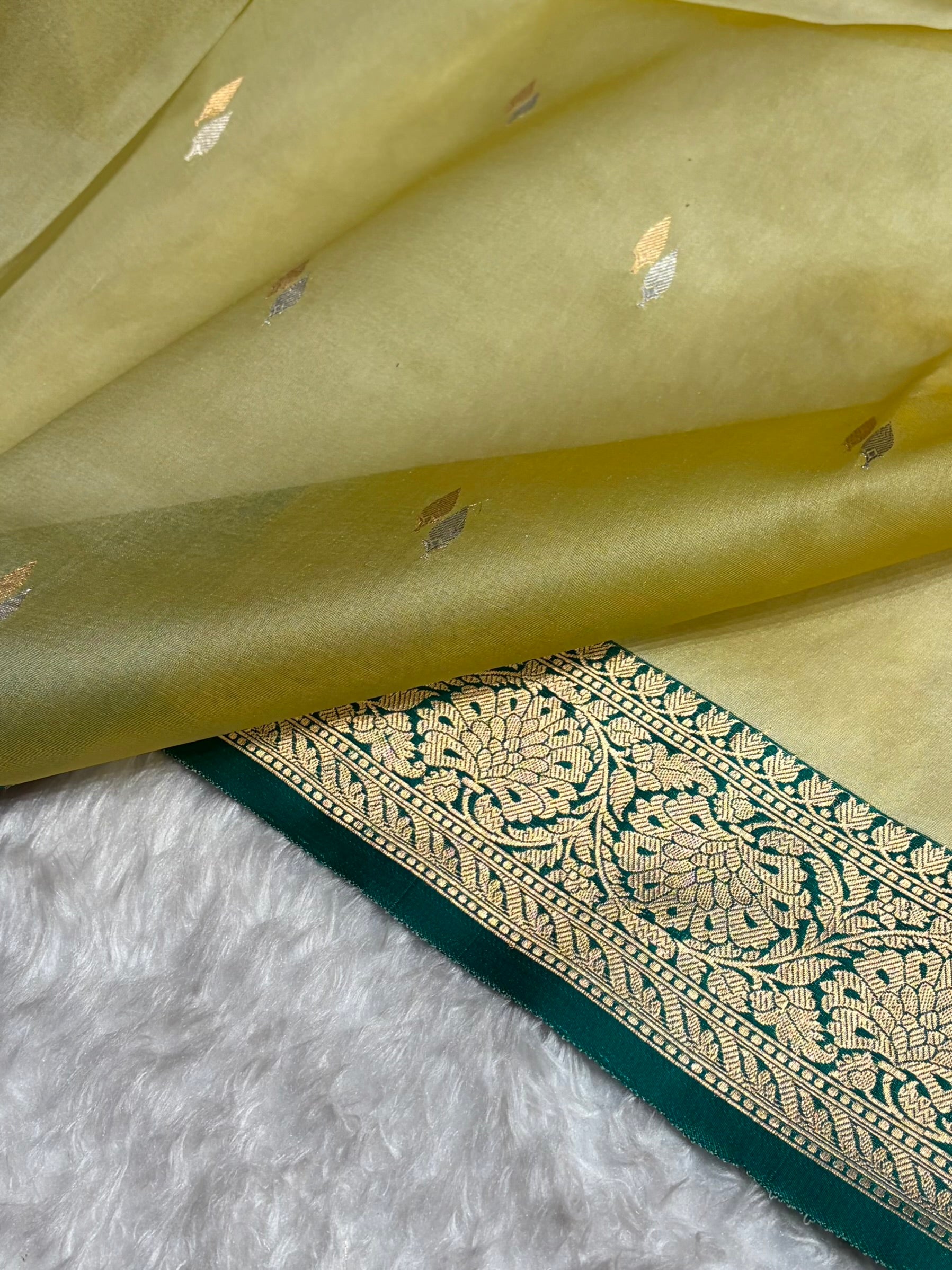 Contrast Pure Banarasi Organza Mustard With Rama Floral Banarasi Silk Saree PO-12