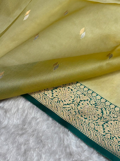 Contrast Pure Banarasi Organza Mustard With Rama Floral Banarasi Silk Saree PO-12
