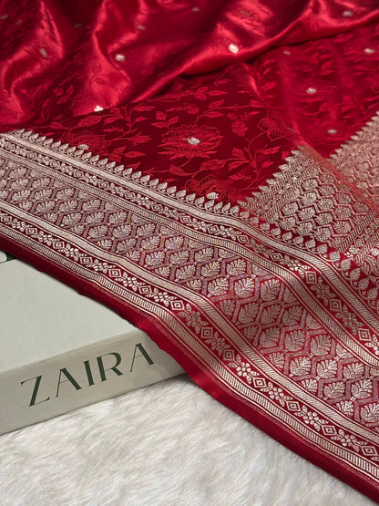 Banarasi Tanchoi Cherry Red Floral Booti Mashru Silk Saree MS59