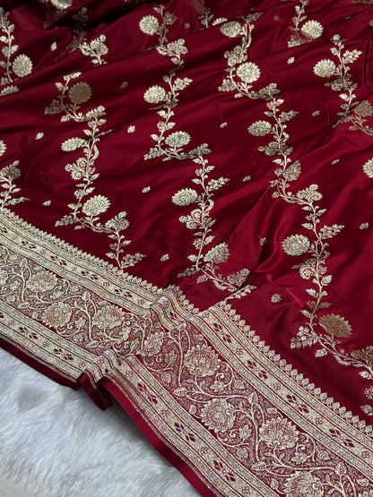 Maroon Katan Silk Saree In Cross Floral Motif