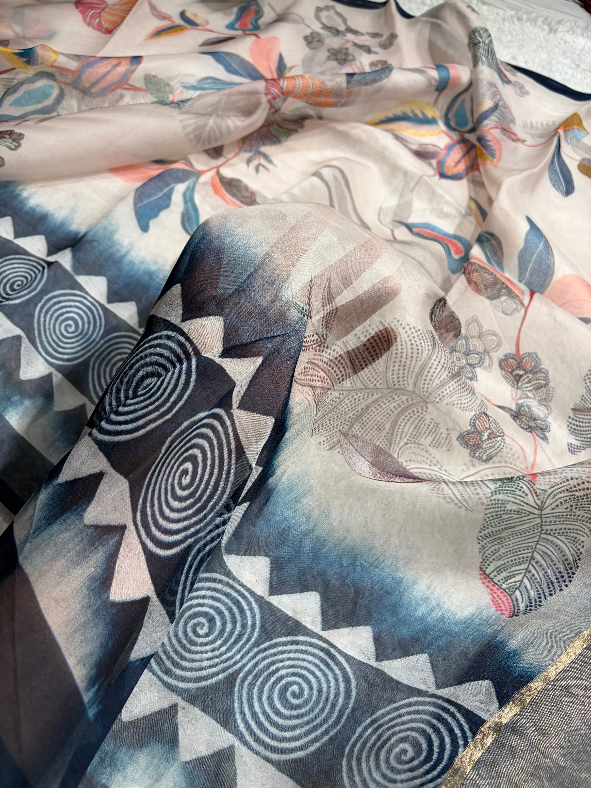 Light Beige & Navy Blue Organza with Pastel Multicolor Florals POP09