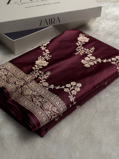 Traditional Banarasi Floral Cross Pattern in Burgundy Shades Floral Mashru Silk Saree MCS110