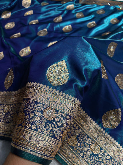 Peacock Shades Banarsi Satin Silk Boota with Stone Work