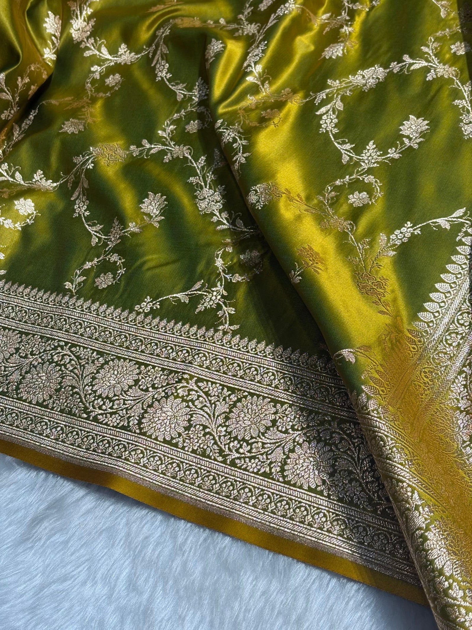 Liril Green Floral Jaal Pattern Satin Katan Silk saree SK60