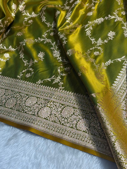 Liril Green Floral Jaal Pattern Satin Katan Silk saree SK60