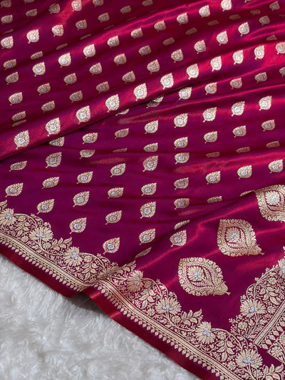 Banarasi Magentic Red Shades Minakari Booti Pattern Banarasi Satin Silk Saree SS60