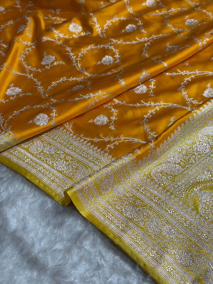 Banarasi Mustard With Lemon Contrast Shades Jaal Mashru Silk Saree MS44