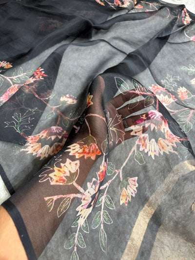 Black Organza with Pastel Multicolor Florals POP02