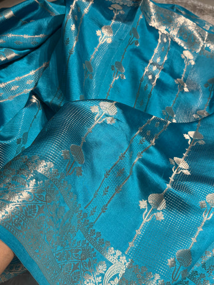 Dusty Blue Shades Floral Strip Booti Pure Caramel Mango Silk Saree