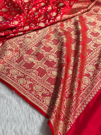 Banarasi Satin Katan Saree With Jaal Pattern in Red Shades SK120