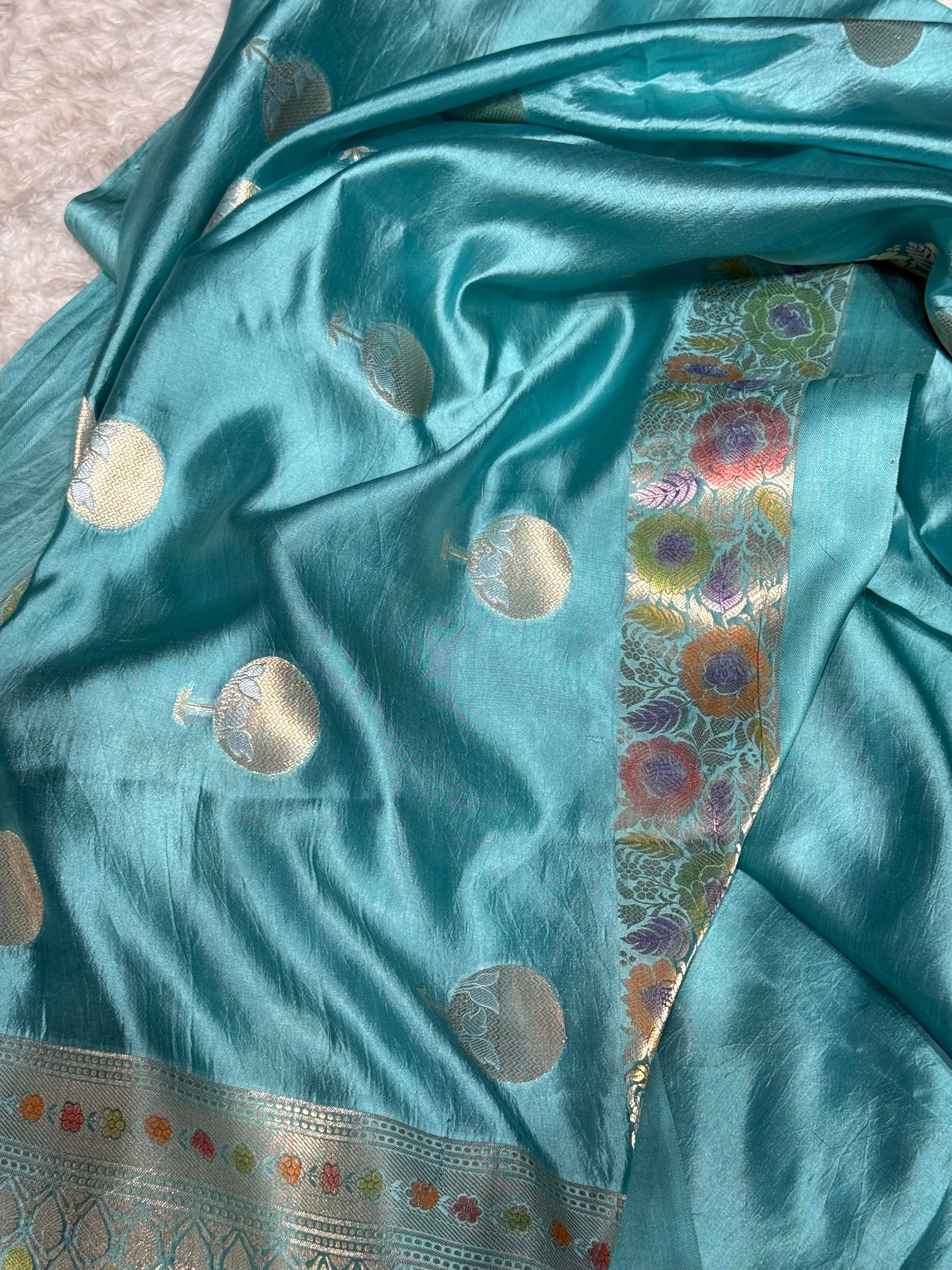 Aqua Green Flower Boota Pure Caramel Mango Silk Saree