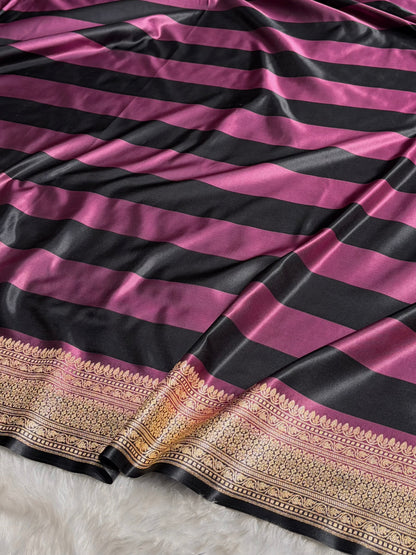 Rani With Black Horizontal Strips Floral Border & Brocket Blouse Mashru Silk Saree MSM-84