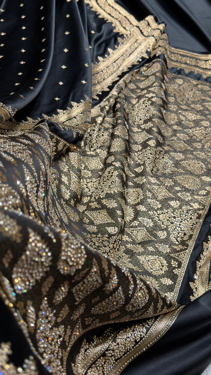 Black Banarasi Swarovski Work Booti Katan Silk Saree BSKM17