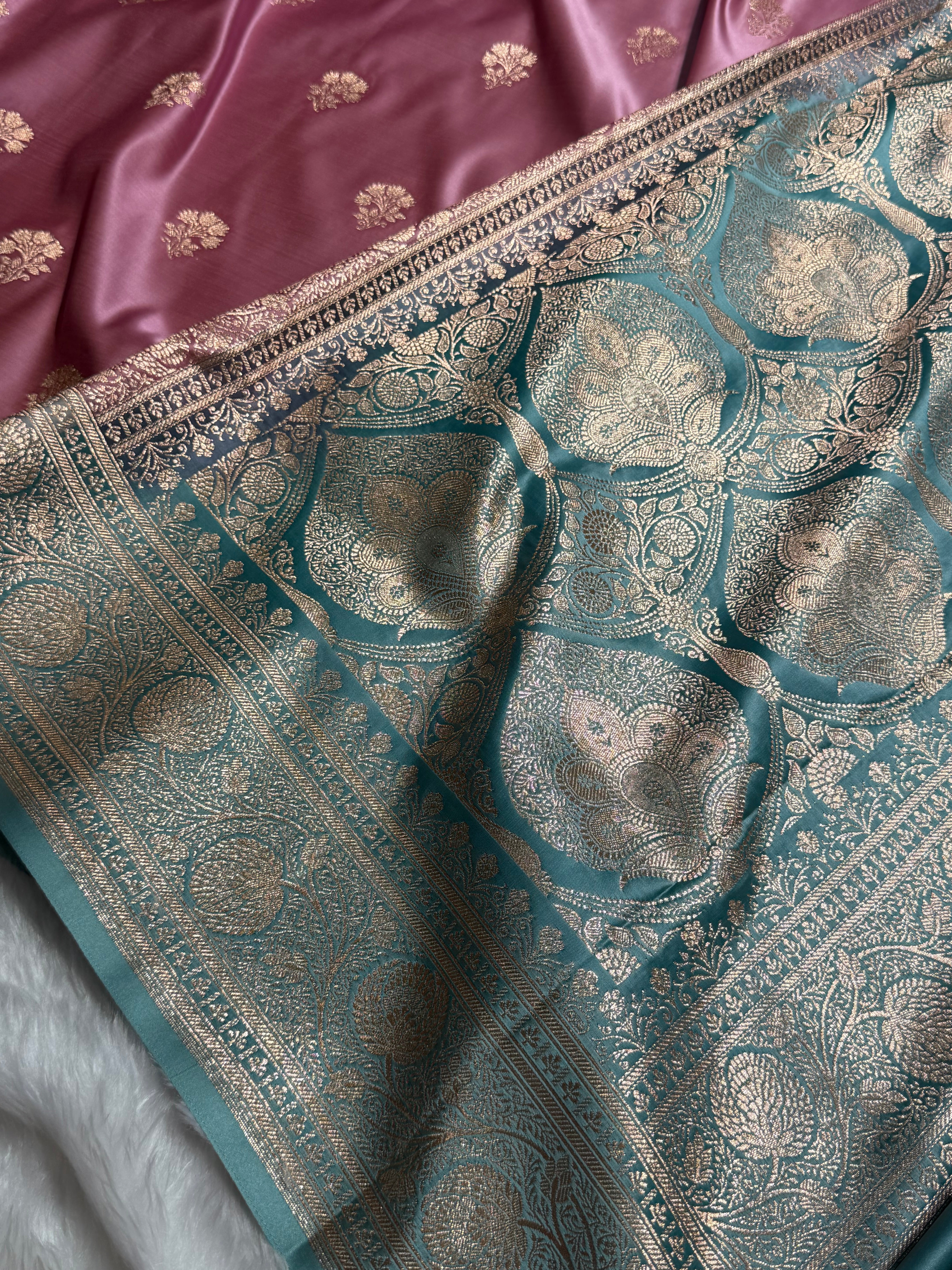 Baby Pink - Turquoise Banarasi Boota Katan Silk Saree SKM29
