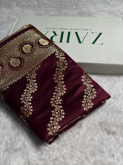 Garnet Floral Banarasi Cross Pattern Satin Katan Silk Saree SK74