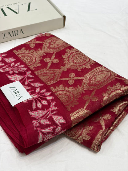 Banarasi Pure Organza Maroon Banarasi Silk Saree