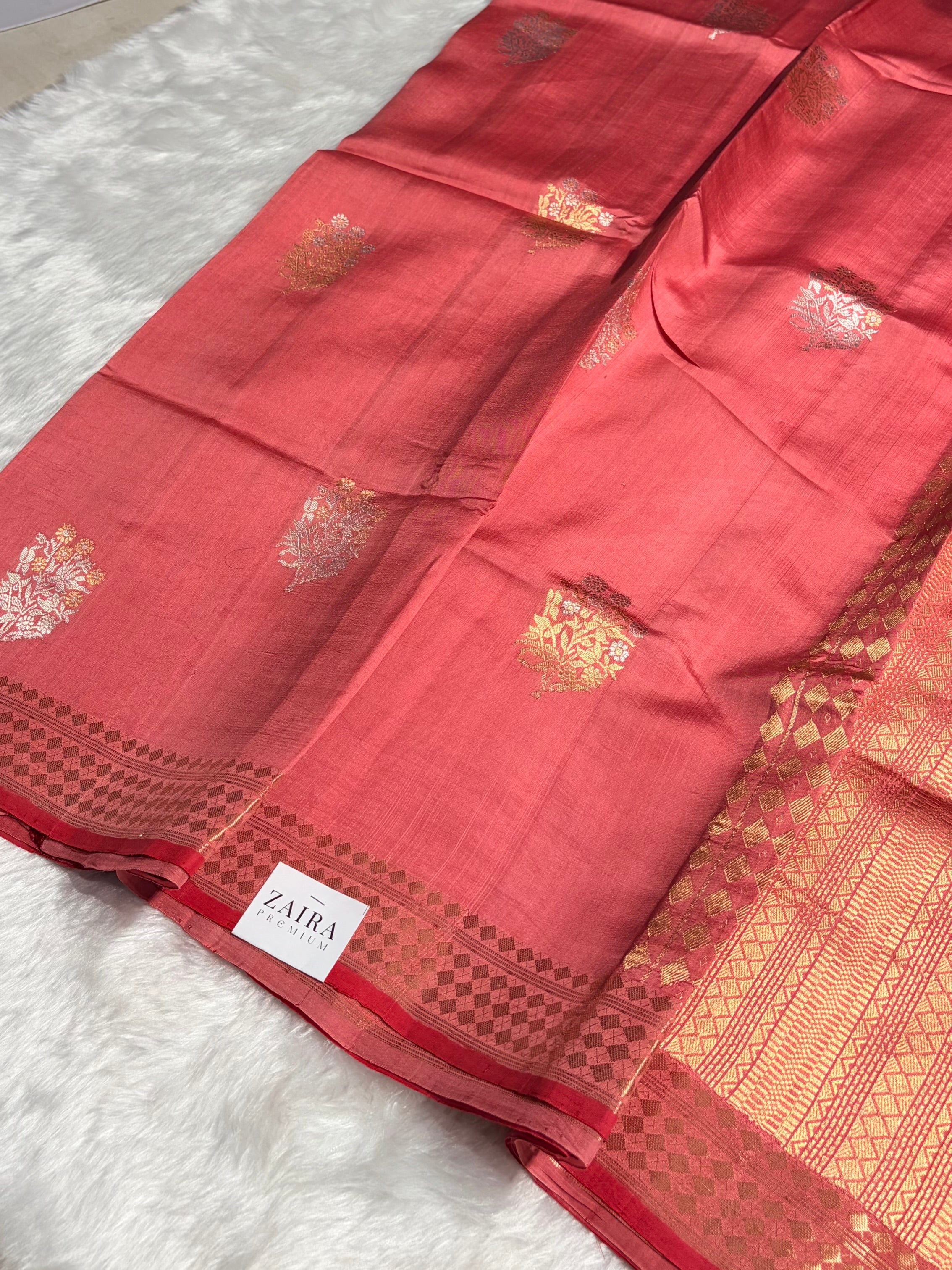 Dusty Peach Shades Meena Boota Handwoven Pure Raw Mango Silk RM-02