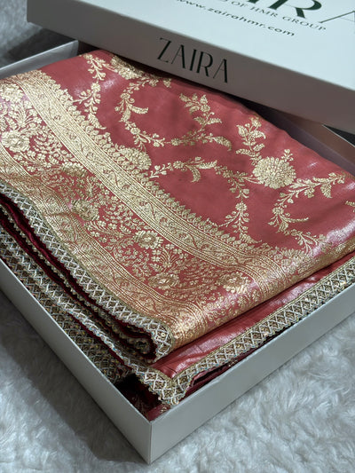 Satin Silk Banarasi Jaal In Dusty Peach Shades With Gotta Patti SSGP14