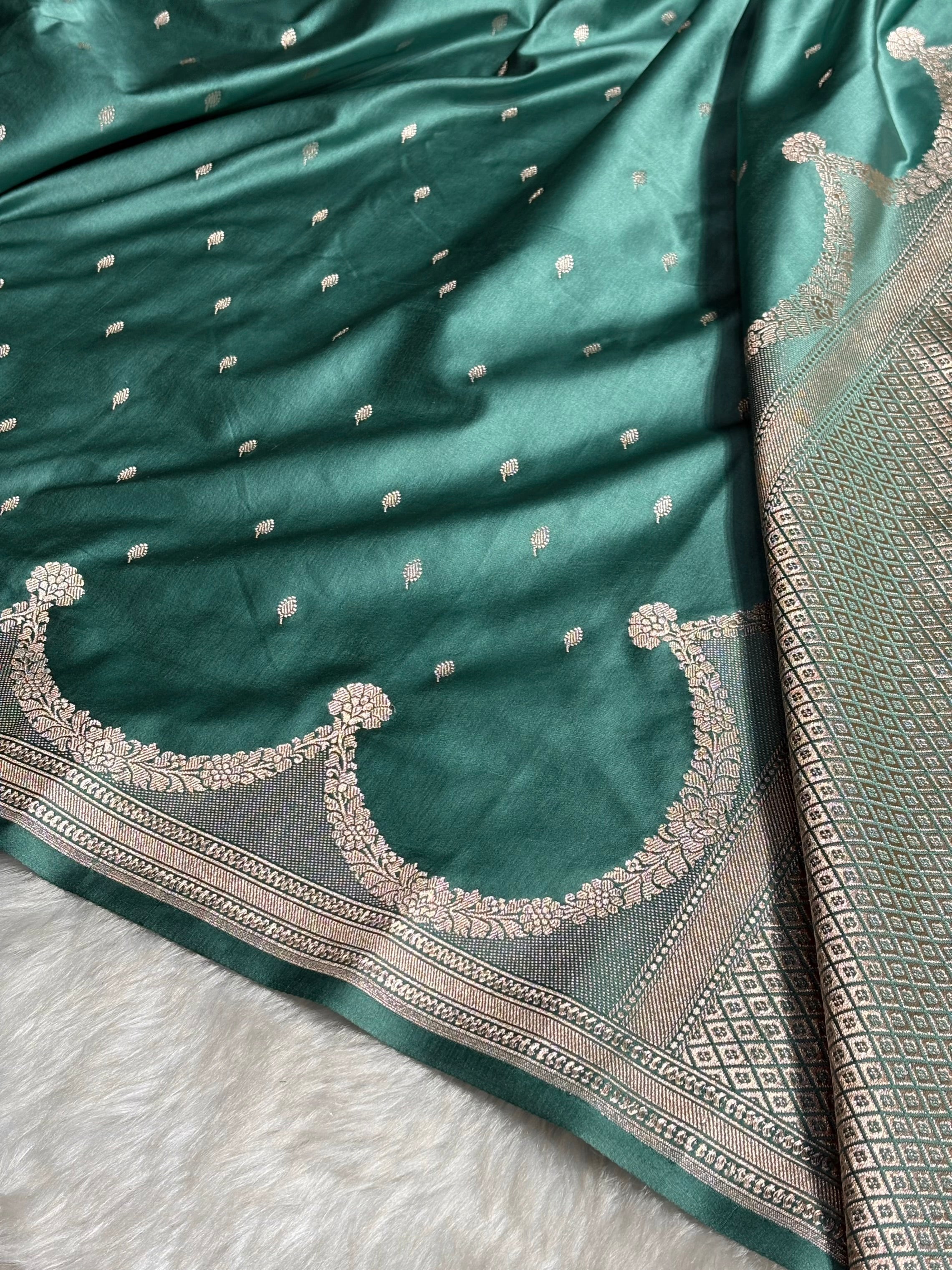 Dusty Sea Green Shades Scallop Booti Mashru Silk Saree MS60