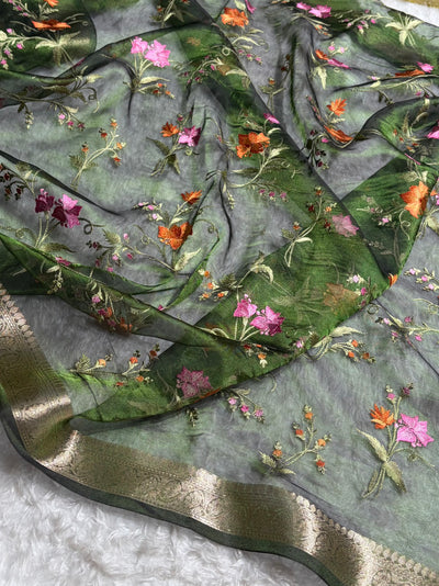Bottle Green Shades With Floral Embroidered Pure Tissue Silk Saree with Brocade Blouse PTE-09
