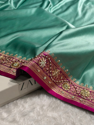 SeaGreen and Rani Contrast Banarasi Satin Katan Saree With Aari Zardozi Work Boota in Cross Green Shades BSK131