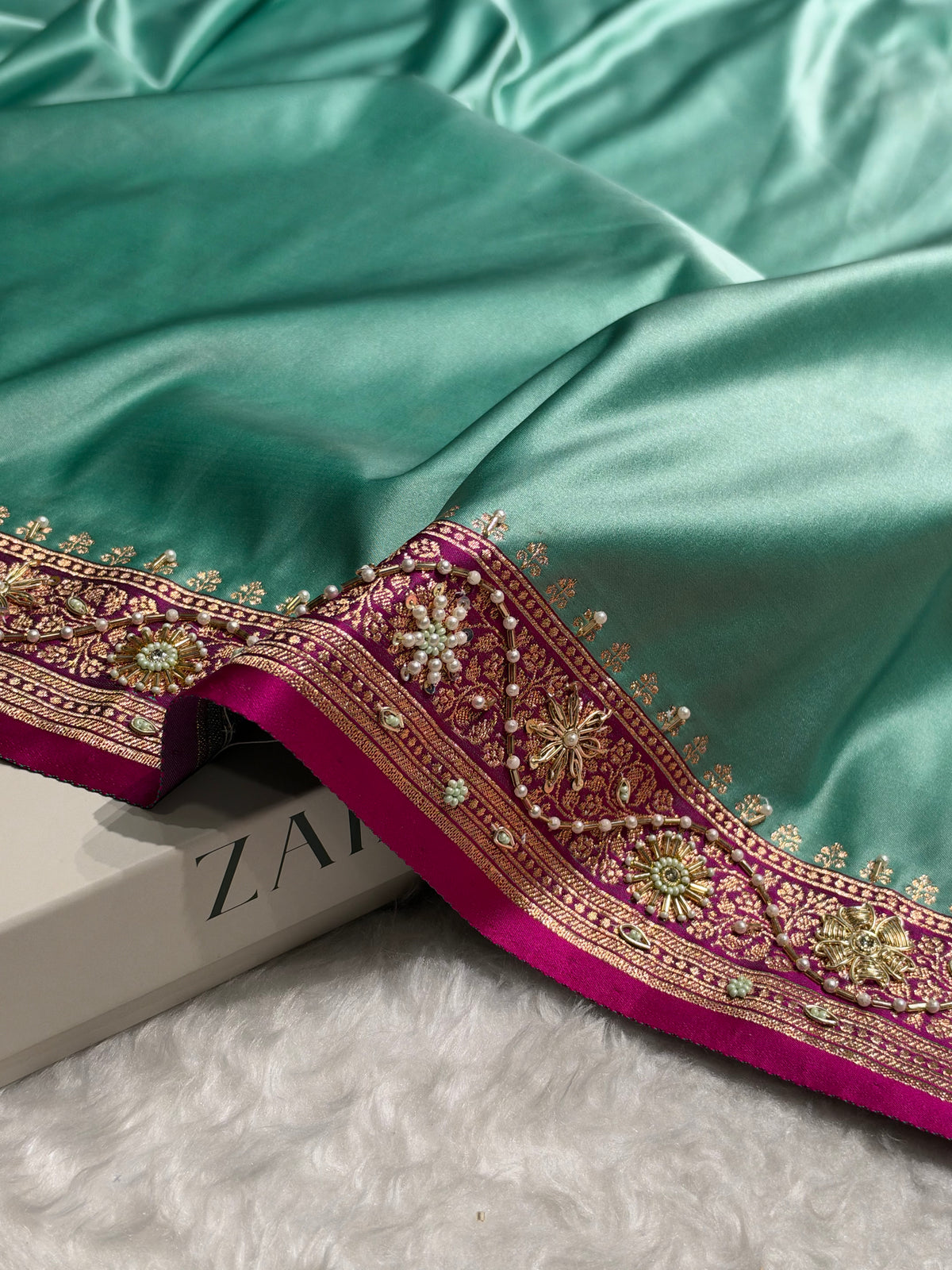 SeaGreen and Rani Contrast Banarasi Satin Katan Saree With Aari Zardozi Work Boota in Cross Green Shades BSK131