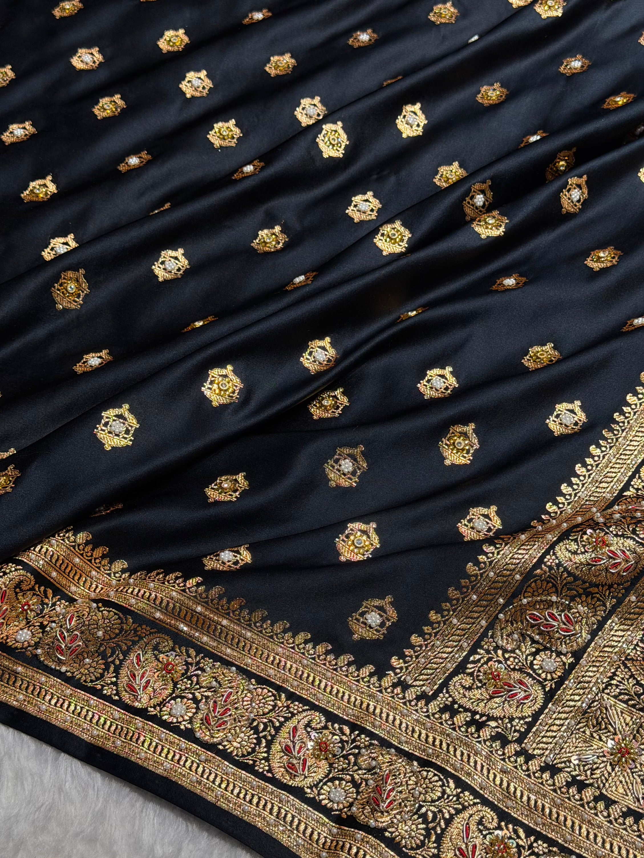 Bridal Banarasi Black Work Pattern Satin Katan Silk Saree BSK137
