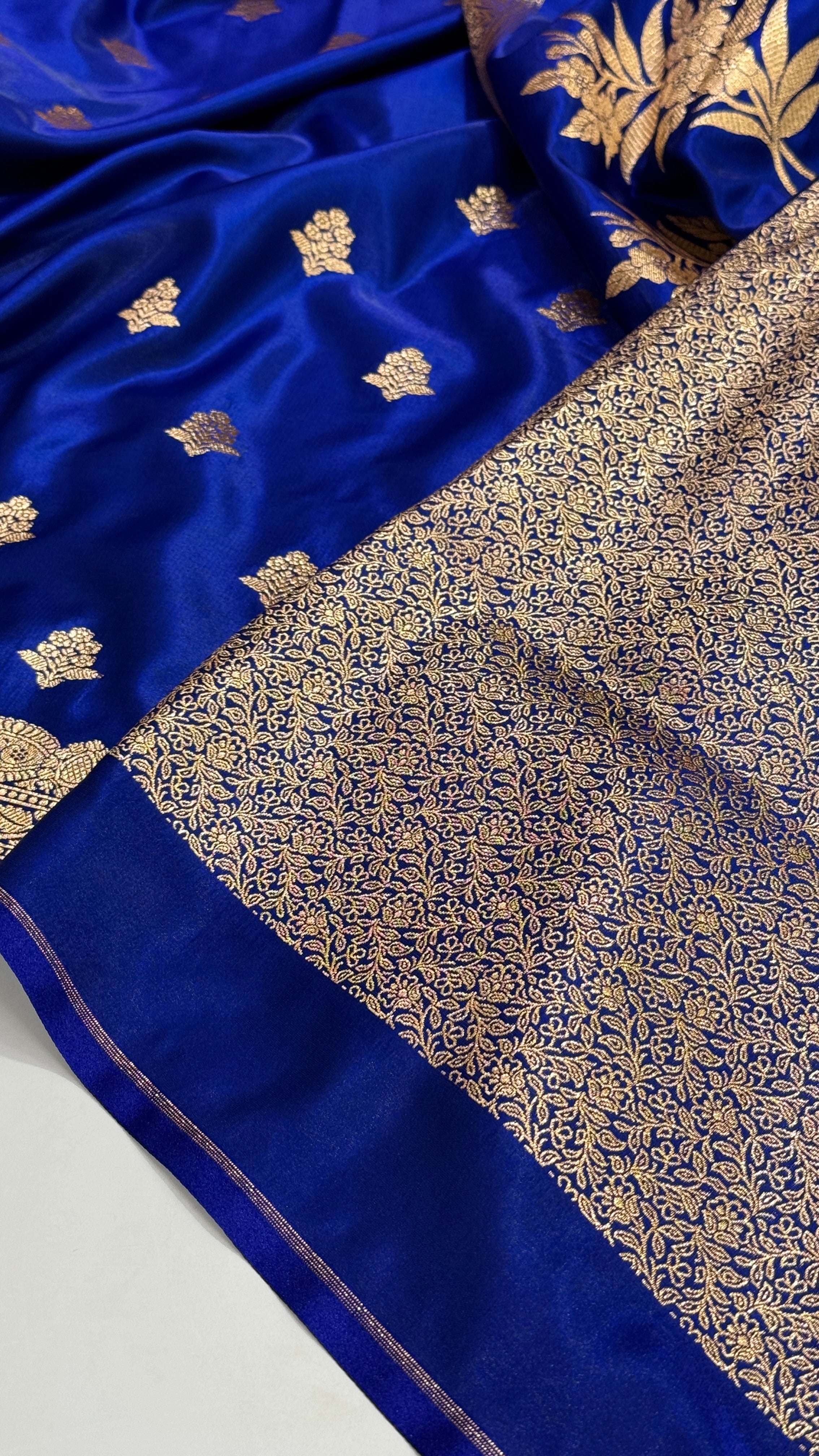 Light Wight Satin Silk Boota in royal blueShades with brocade Blouse