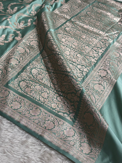 Sea Green Shades Banarasi With Floral Jaal Pattern Mashru Silk Saree MSM-132