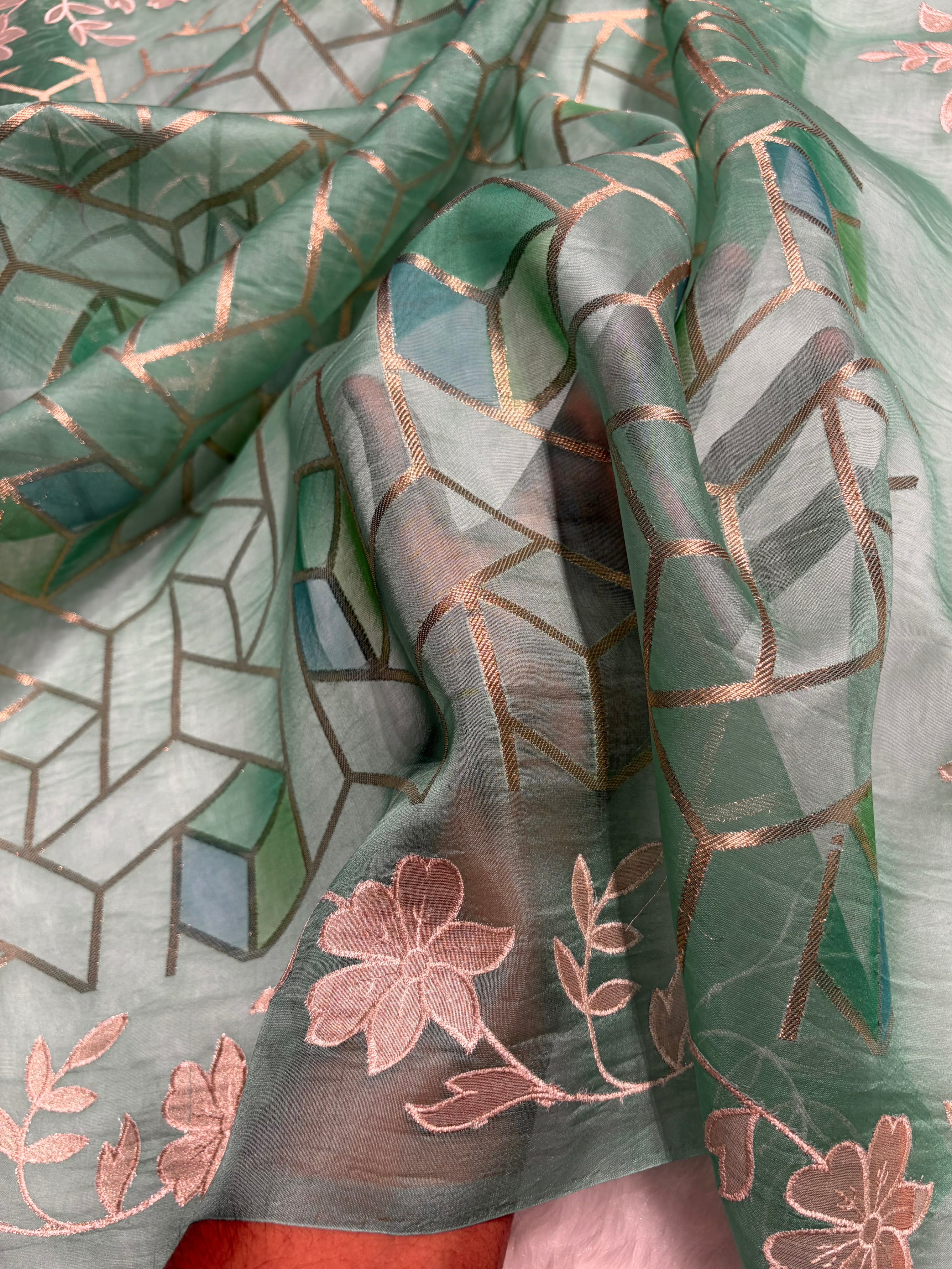 Pure Organza Rangkat Turquoise Floral Border Banarasi Silk Saree PO-07