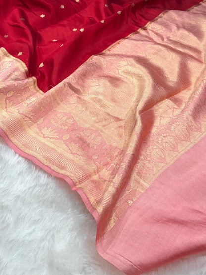 Banarasi Maroon With Peach Contrast Shades Handwoven Pure Paper Silk Saree RM-89