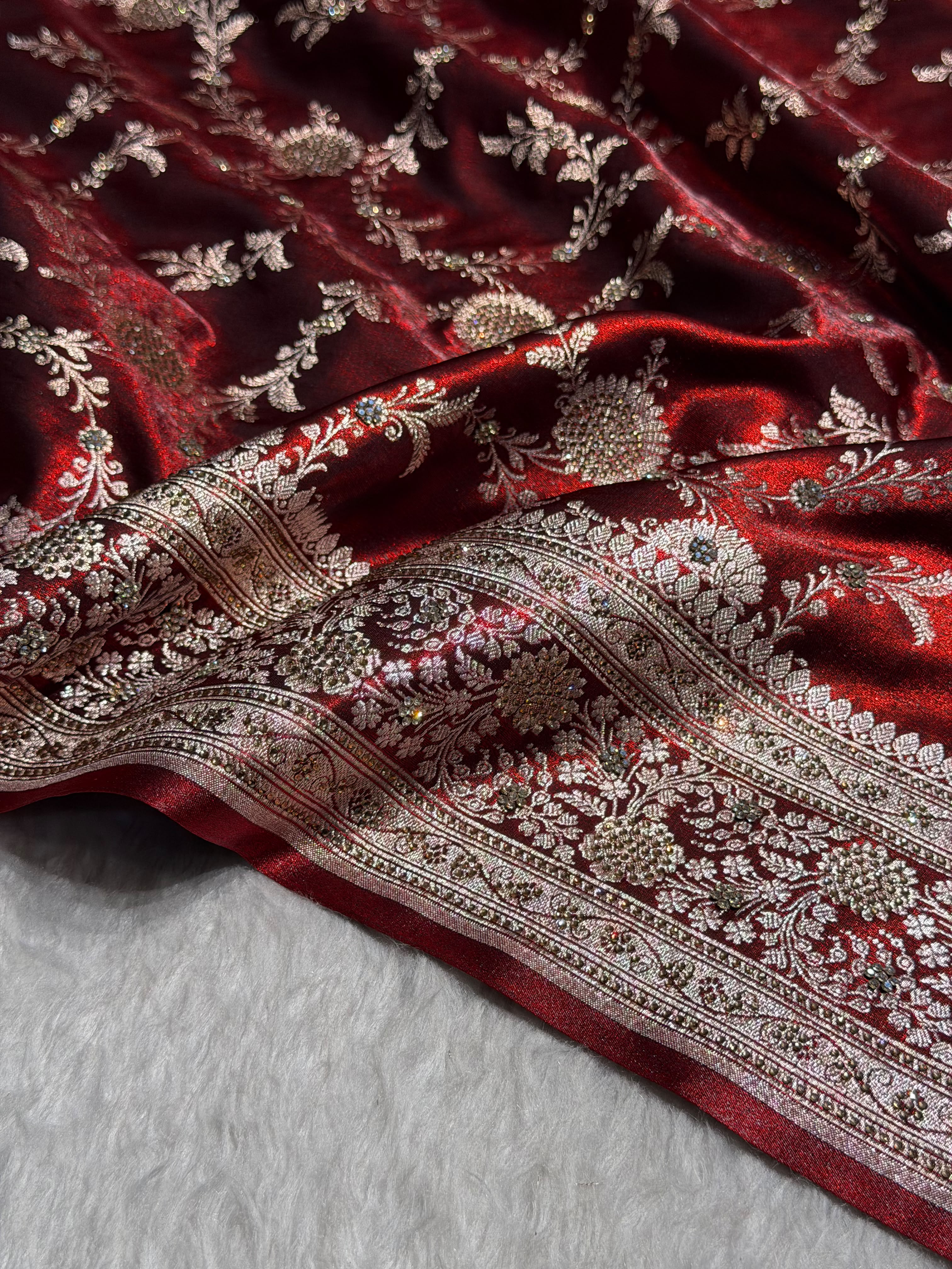 Light Weight Maroon Satin Silk Saree with Swarovski work BSS14