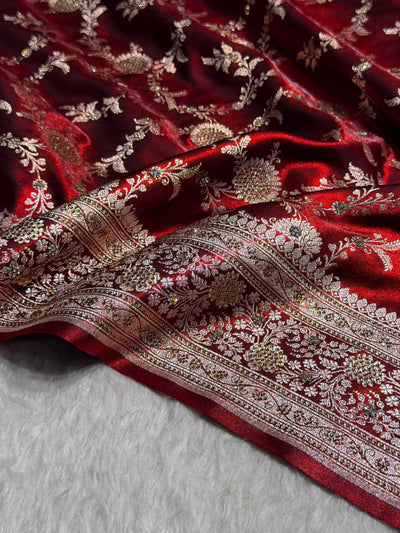 Light Weight Maroon Satin Silk Saree with Swarovski work BSS14