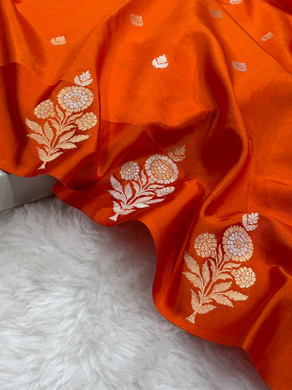 Banarasi Orange Shades Meenakari Boota Handwoven Pure Katan Paper Silk RM-75