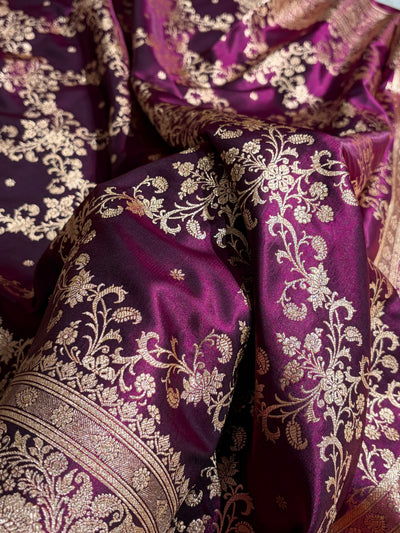 Wine Shades Jaal Pattern Banarasi Satin Silk Saree SS48