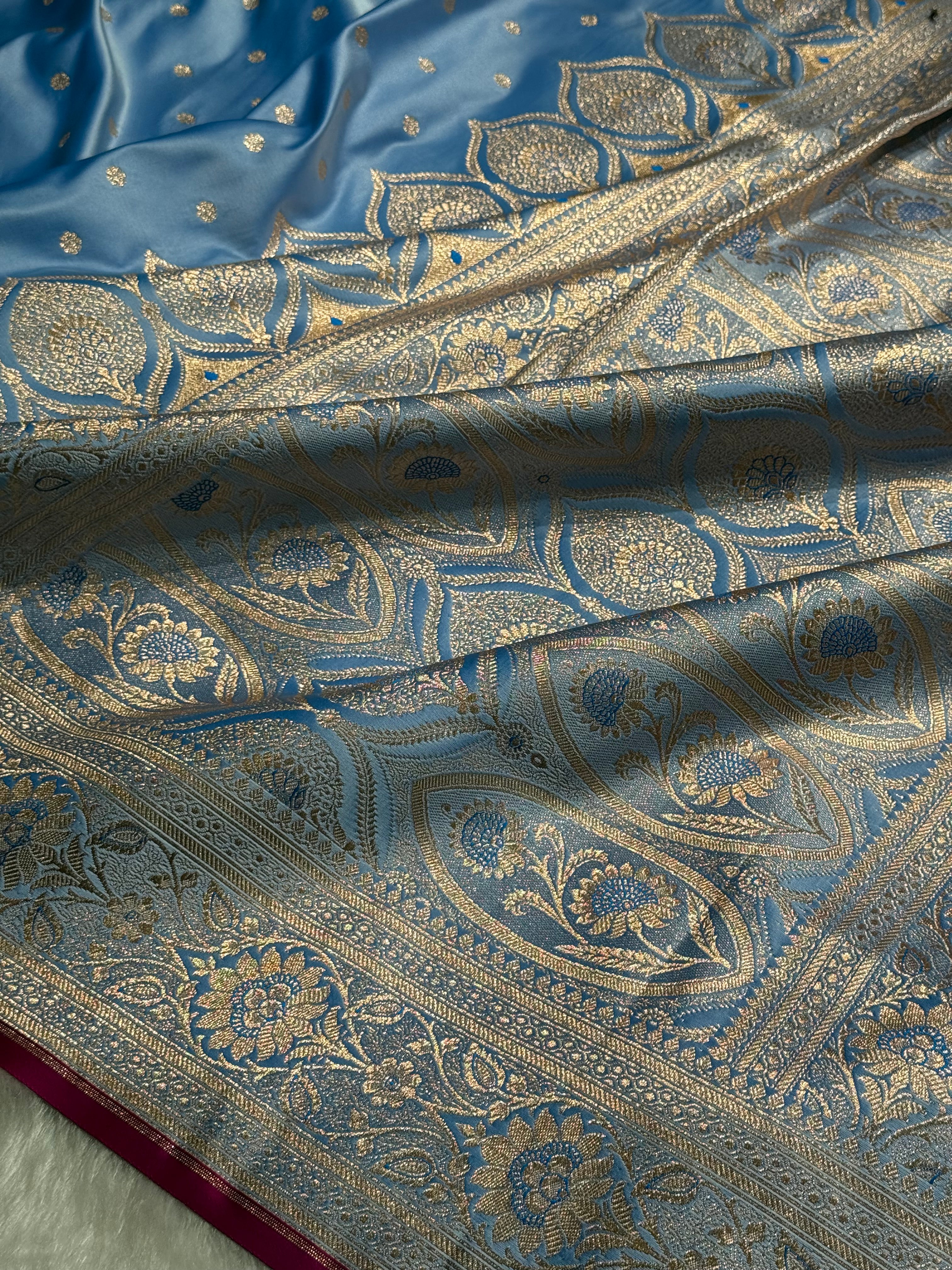 Powder Blue Booti Satin katan Silk Saree SK11
