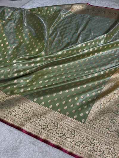 Light Mehandi Booti satin Silk Saree SS01