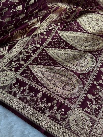 Banarasi Satin Katan Saree With Minakari Boota in Garnet Shades SK96