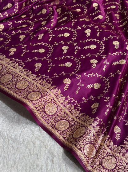 Wine Shades Jaal Floral Pattern Satin Katan Silk Saree SK81