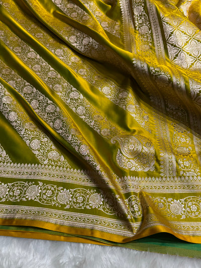 Liril Mahendi Shades Banarasi Cross Pattern Floral Mashru Silk Saree MSM-102
