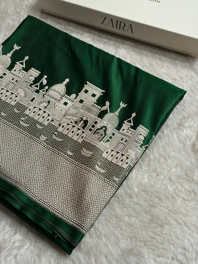 Bottle Green Shades Ghat Pattern Satin Katan Silk Saree SK19